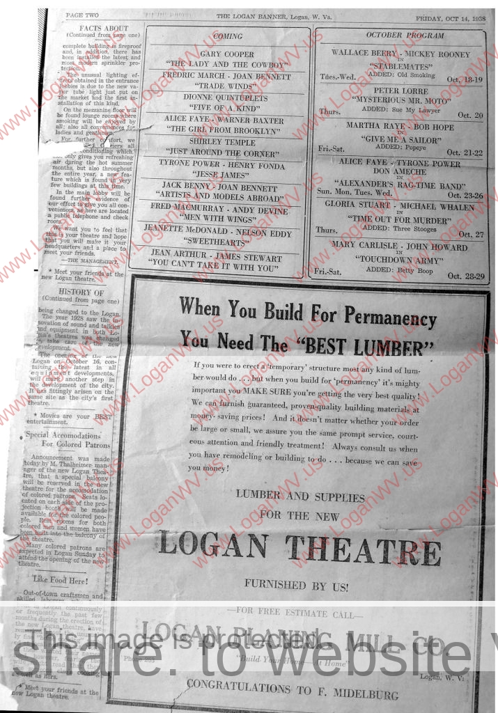1938 Logan Banner - Logan Theatre Supplement, Page 2 (2)