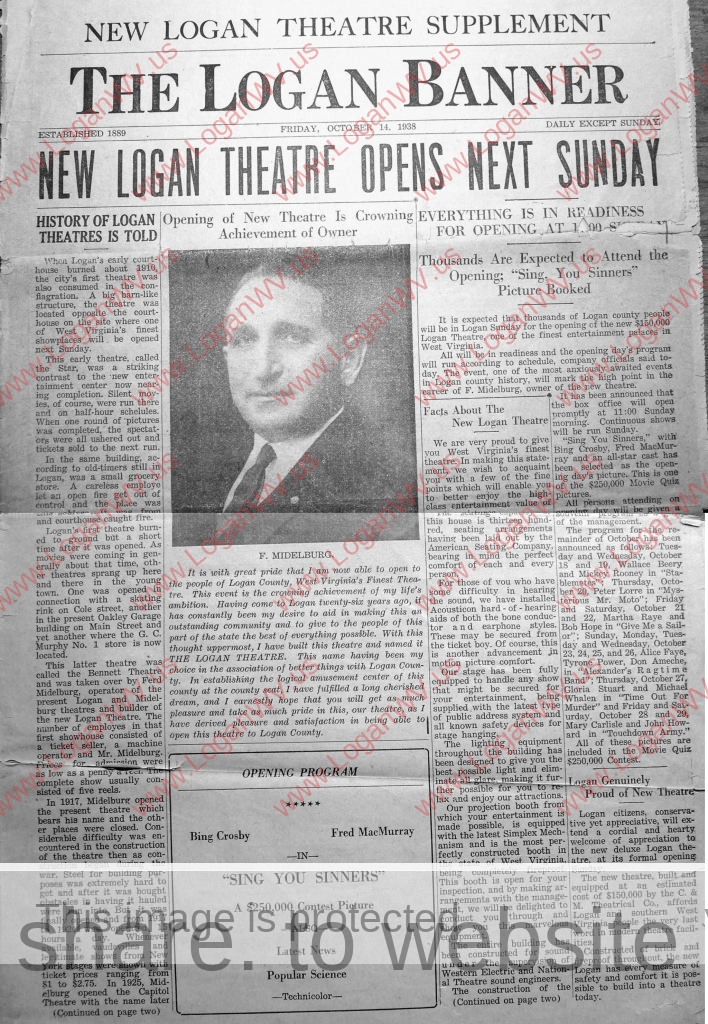 Logan Banner Oct. 14, 1938 - New Logan Theatre Opens Next Sunday