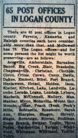 65 Post Offices in Logan County, Logan Banner, 24 September 1926