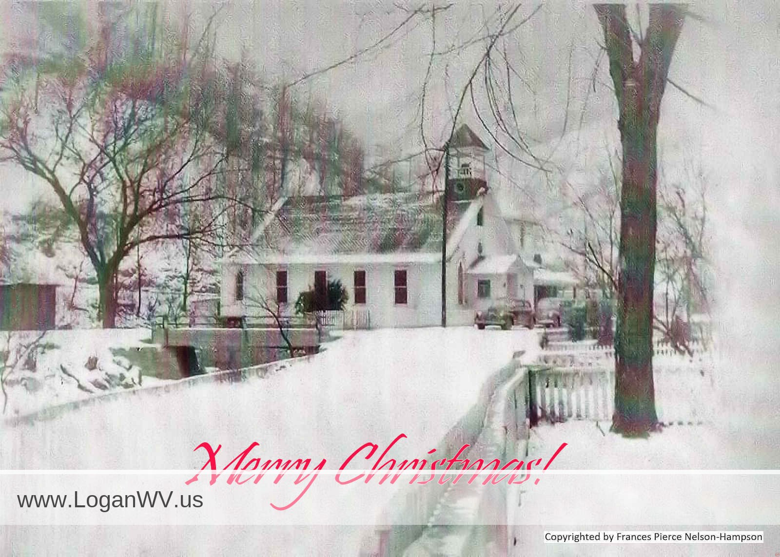 Merry Christmas - early 1950s photo of the Peach Creek Methodist Church, Logan County, WV.