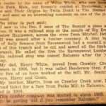 Courtesy of Anita Barker Ratliff. She writes: <q>Interesting article I came across in my Grandmother´s ´stash´. Written by my grandma’s brother. Willie White. My grandmother and grandfather (Nina White Heugel and Waldo Heugel) lived in Henlawson while he worked and retired from the C&O/B&O yard in Peach Creek. Image Reference 1597.</q> Image 15623. Ralumco, Logan County, WV