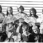School Fan Drill 1938 - Front: Betty Jo Parsons, Bennie Blair, John Segraves, Bobby Gilpin, Bill Biggs, Billy Gilpin. Back: Eloise Hinchman, Bertha "Bootle" Smith, Patty Ann Adams, Alberta "Billie" Dingess, Doris Atkins, Mary Francis Compton, Anna Marie Little. 1938 Cherry Tree School Fan Drill