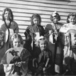 School Fan Drill 1937- Back: Patty Ann Adams, Bertha Smith, Doris Atkins, Mary Frances Compton, Anna Marie LIttle. Front: Eloise Hinchman, Betty Jo Parsons. Cherry Tree Grade School 1937 Fan Drill