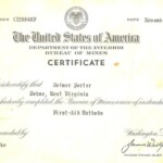 “My Dads First Aid Certificate--1957--Delmer Howard Porter (At one time Dehue held the best safety record around).” Courtesy of Lillian Porter-Smith. Delmer Howard Porter, First Aid Certificate 1957
