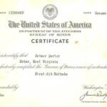 “My Dads First Aid Certificate--1957--Delmer Howard Porter (At one time Dehue held the best safety record around).” Courtesy of Lillian Porter-Smith. Delmer Howard Porter, First Aid Certificate 1957