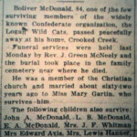 Boliver McDonald, Confederate Veteran dies, Logan Banner, 30 April 1926. Clipping courtesy of Brandon Ray Kirk. Boliver McDonald, Confederate Veteran obit 30 April 1926