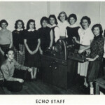 1960 Logan East Junior High Echo Staff. 1- 1st Elbert Wright (knelling), 2nd Molly Robinson, 3rd Linda Vankovich, 4th Diana Loveless, 5th Susan Kitchen, 6th Annabelle Knott, 7th Sharon Gingise, 8th Nancy Mullins, 9th ?, 10th Mrs Mary Barber, sponsor, 11th Ruth Pennington, 12th Louise Burns. 1960 Logan East Junior High Echo Staff.
