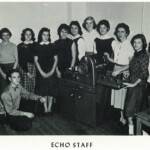 1960 Logan East Junior High Echo Staff. 1- 1st Elbert Wright (knelling), 2nd Molly Robinson, 3rd Linda Vankovich, 4th Diana Loveless, 5th Susan Kitchen, 6th Annabelle Knott, 7th Sharon Gingise, 8th Nancy Mullins, 9th ?, 10th Mrs Mary Barber, sponsor, 11th Ruth Pennington, 12th Louise Burns. 1960 Logan East Junior High Echo Staff.