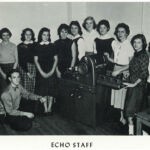 1960 Logan East Junior High Echo Staff. 1- 1st Elbert Wright (knelling), 2nd Molly Robinson, 3rd Linda Vankovich, 4th Diana Loveless, 5th Susan Kitchen, 6th Annabelle Knott, 7th Sharon Gingise, 8th Nancy Mullins, 9th ?, 10th Mrs Mary Barber, sponsor, 11th Ruth Pennington, 12th Louise Burns. 1960 Logan East Junior High Echo Staff.