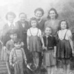 This photo was taken behind the Handy Andy Store in Cherry Tree in Feb. 1945. L-R adults: Helen Piros, Priscilla Szekely, Edna Piros, Anna Tarkany, L-R kids: Joe Piros Jr., Helen Ammar, Irene Koon, Fadwa Ammar, Fayaz Ammar Jr. Courtesy of Bob Piros. Image CT46891. Cherry Tree, Logan County, WV - Feb. 1945