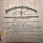 Island Creek Coal Company Fist Aid Training Certificate issued to Albert Mowery at Holden, WV in May 1926.