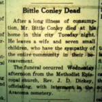 Logan Democrat, 28 September 1911 - Edward Bittle Conley (03 Sep 1872 - 26 Sep 1911), husband of Mary Elizabeth Whitman (1879-1966). Clipping courtesy of Brandon Ray Kirk. Edward Bittle Conley obit, Logan Democrat, 28 September 1911