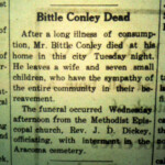 Logan Democrat, 28 September 1911 - Edward Bittle Conley (03 Sep 1872 - 26 Sep 1911), husband of Mary Elizabeth Whitman (1879-1966). Clipping courtesy of Brandon Ray Kirk. Edward Bittle Conley obit, Logan Democrat, 28 September 1911