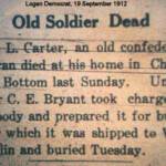 M.L. Carter, a Confederate veteran, is dead in Logan, Logan Democrat, 19 September 1912. Courtesy of Brandon Ray Kirk M.L. Carter, a Confederate veteran
