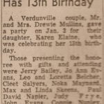 Miss Karen Mullins Has 13th Birthday Party, The Logan Banner, Thurs., Feb. 10, 1966. Clipping courtesy of Herb Harvey. The Logan Banner, Thurs., Feb. 10, 1966.