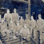 Workers from the Opperman Mine in Blair. First man first row on the left is Jink Baldwin, last man on the right is Ollie Baldwin. Courtesy of Emmett Ray Adkins. Workers from the Opperman Mine