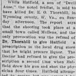 January 5, 1912, newspaper clipping about Willis Hatfield, Son of Devil Anse, killing Dr. Thornhill. Image 191215. January 5, 1912, newspaper clipping about Willis Hatfield, Son of Devil Anse, killing Dr. Thornhill.