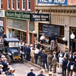 Street scene photo of people getting the Score During the 1925 World Series, Logan, WV.